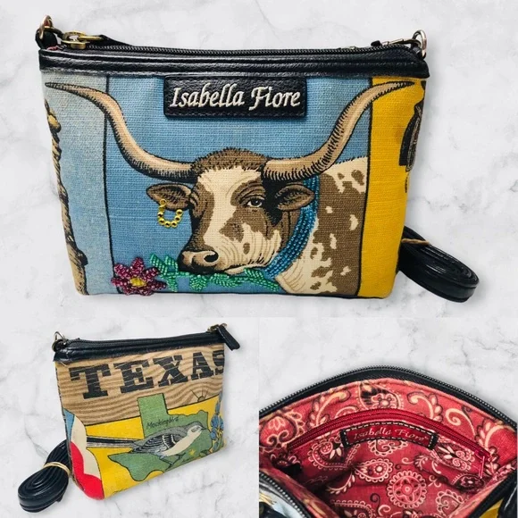 Isabella Fiore Vintage Texas Longhorn Embroidered Embellished Designer Purse Bag - Picture 1 of 9